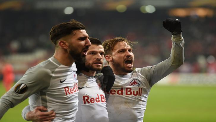 Salzburg players celebrate a Europa League goal